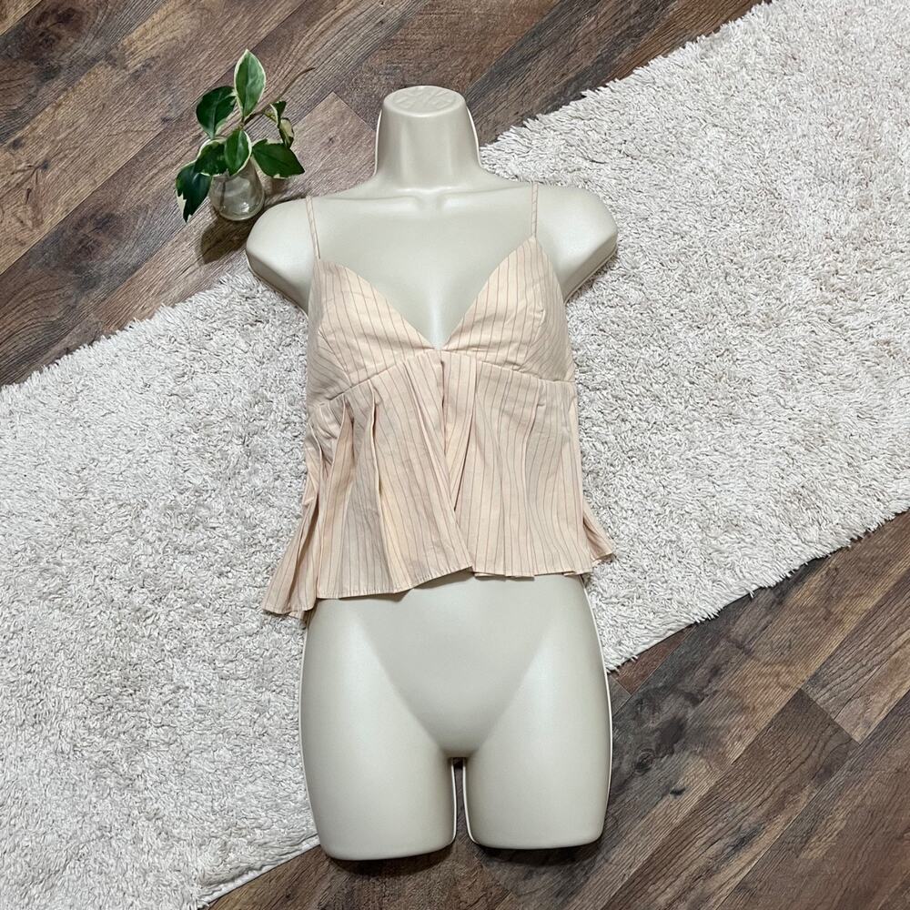 ZARA Size Medium Beige Pink Pinstriped Plunge Neck Pleated Cropped Cami Top NWT